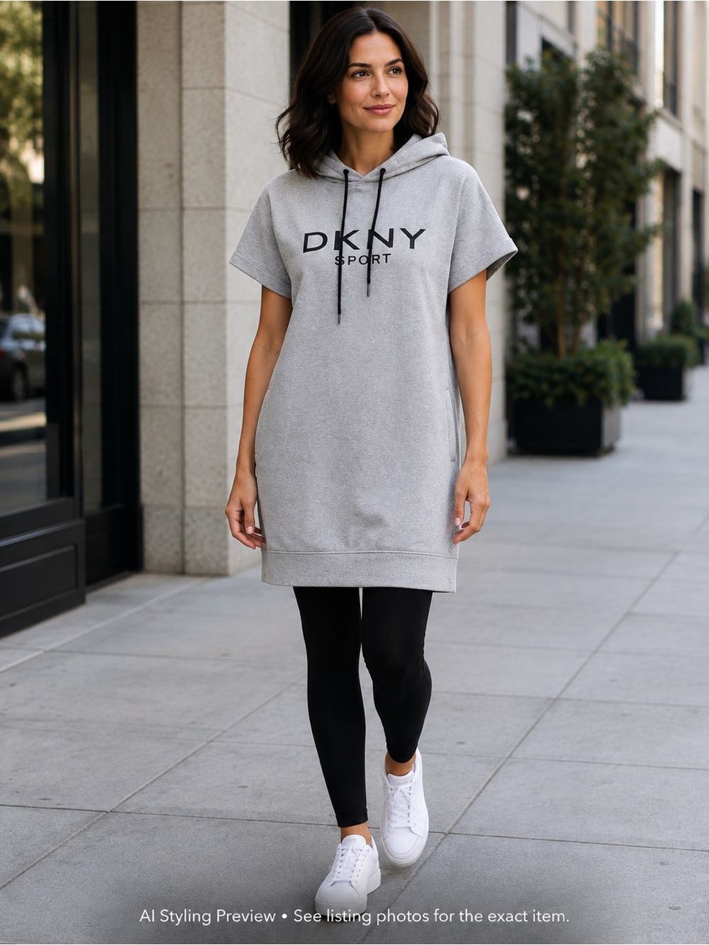 DKNY Sport Grey Logo Hooded Sweatshirt Dress Pockets Women’s M Athleisure
